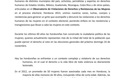 Pronunciamiento Observatorio de DDHH y Resistencias de Mujeres en Honduras. 2013