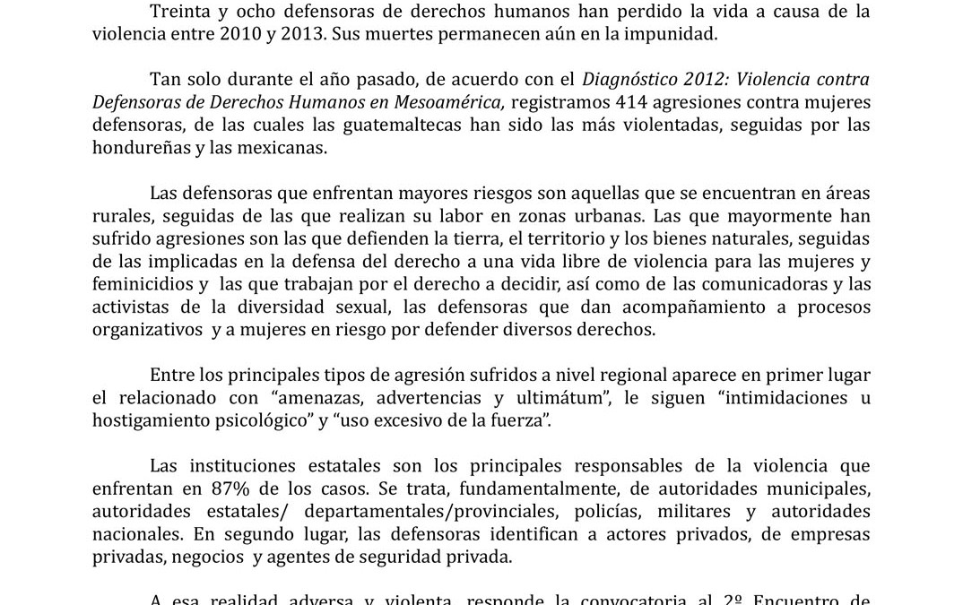 Pronunciamiento público – 2do encuentro mesoamericano de mujeres defensoras de derechos humanos