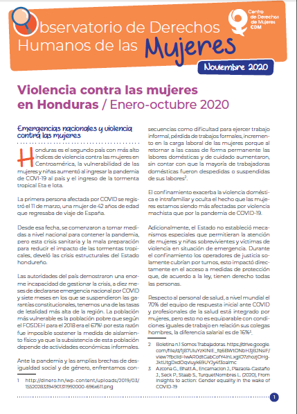 Boletín – Violencia contra las mujeres enero a octubre 2020